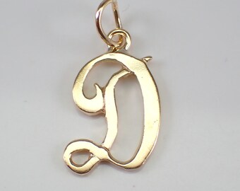 Vintage D Initial Pendant Charm, Antique Petite 14K Yellow Gold Script Letter Charm for Necklace or Bracelet