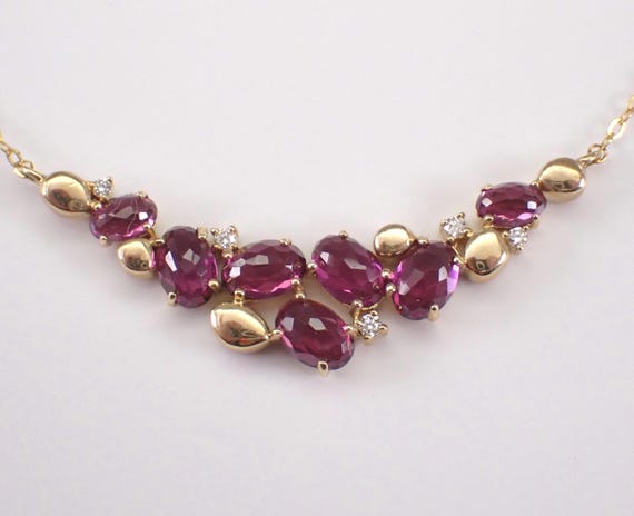 Rhodolite Garnet and Diamond Station Necklace: Yellow Gold Cluster Bar Pendant and Chain