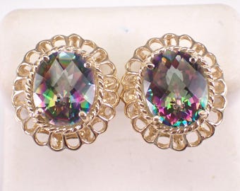 Estate 14K Yellow Gold Mystic Topaz Stud Earrings: Vintage Flower Drop Setting