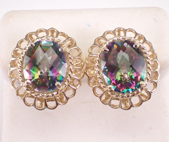 Estate 14K Yellow Gold Mystic Topaz Stud Earrings: Vintage Flower Drop Setting