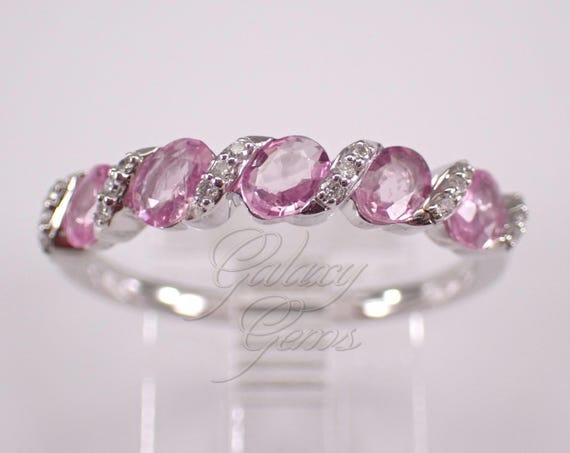 White Gold Pink Sapphire and Diamond Wedding Band Anniversary Ring