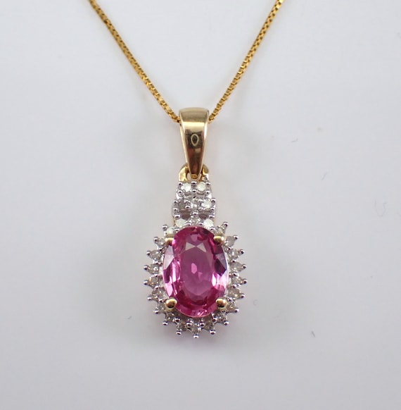Pink Sapphire and Diamond Pendant and Chain - Dainty Yellow Gold Halo Necklace - Elegant Gemstone Fine Jewelry Gift