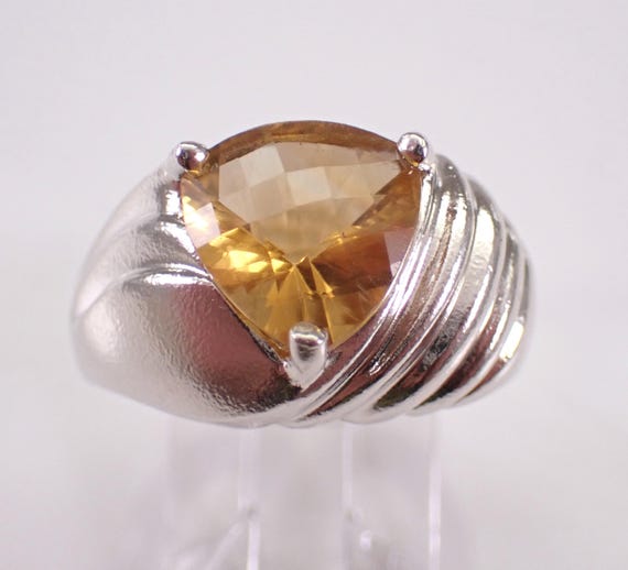 Vintage Sterling Silver Citrine Ring - Large Trillion Shape Gemstone Band - Estate Solitaire Promise Jewelry Gift