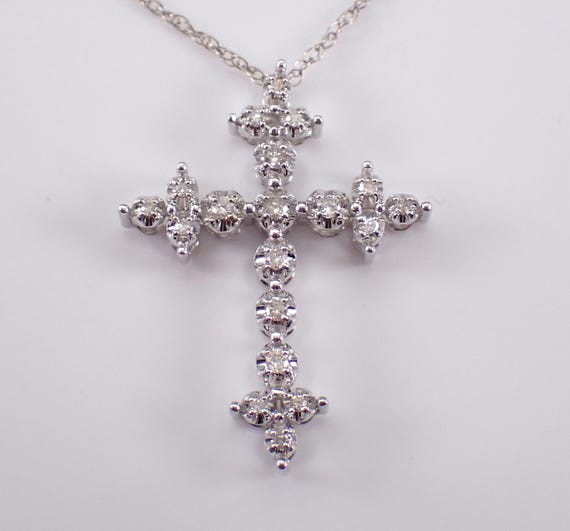 14k White Gold Diamond CROSS Pendant, Religious Charm Choker Necklace, Crucifix Gift on Thin 18 inch Chain
