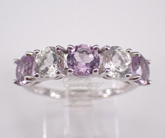 Amethyst and White Sapphire Wedding Ring, Vintage Sterling Silver Anniversary Band