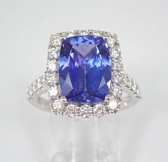 Large Tanzanite and Diamond Ring - 18K White Gold Halo Engagement Setting - Cushion Cut Gemstone Fine Jewelry