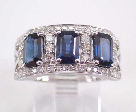 14K White Gold Sapphire and Diamond Ring: Three Stone Wedding Anniversary Band, September Birthstone Jewelry Gift