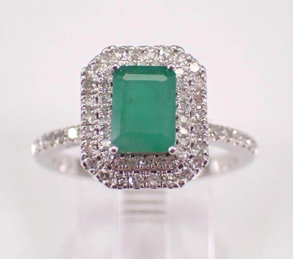Emerald and Diamond Halo Engagement Ring - Solid White Gold Gemstone Bridal Band - May Birthstone Fine Jewelry Gift