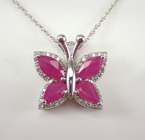 Ruby and Diamond Butterfly Necklace - 14k White Gold Gemstone Jewelry - Station Pendant and Thin Chain - July Birthstone Gift