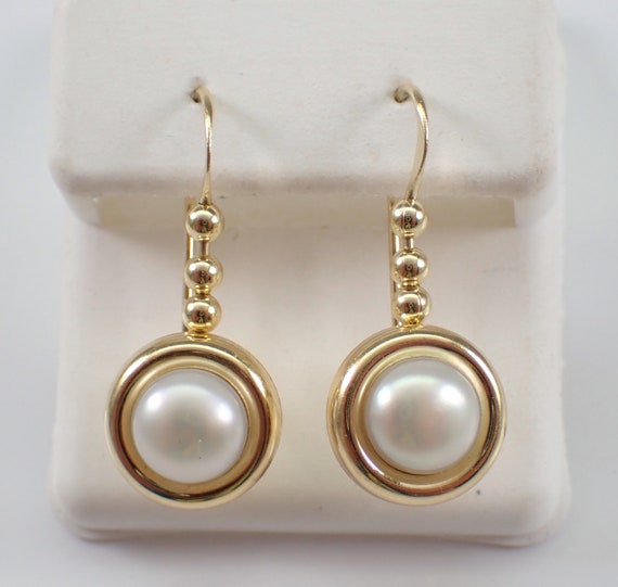 Vintage 14K Yellow Gold Button Pearl Drop Earrings - 80s Estate June Birthstone Jewelry