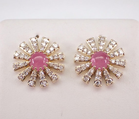 Yellow Gold Pink Sapphire Earrings - Dainty Diamond Halo Studs - Gemstone Fine Jewelry Gift