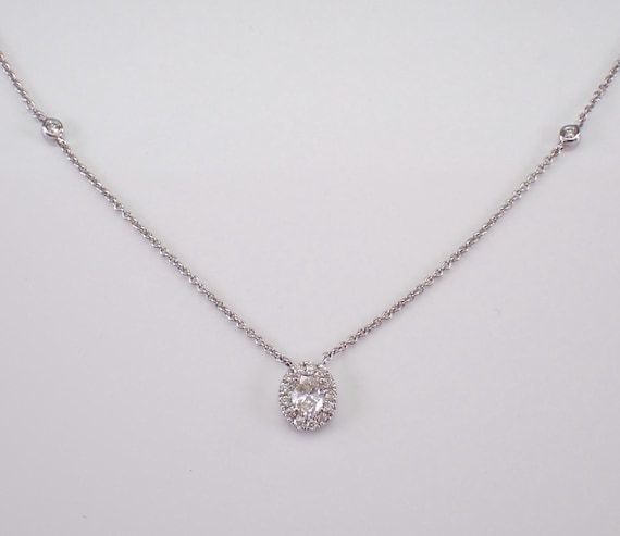 14K White Gold Diamond Station Necklace - Oval Halo Charm Pendant and Chain - GalaxyGems Bridal Fine Jewelry Gift