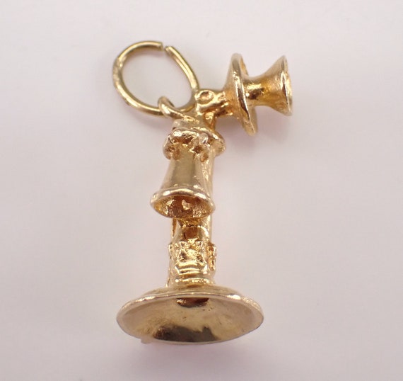 Vintage 14K Yellow Gold Candlestick Phone Charm, Unique Old Upright Telephone Pendant, Collectible Jewelry Gift for Necklace or Bracelet