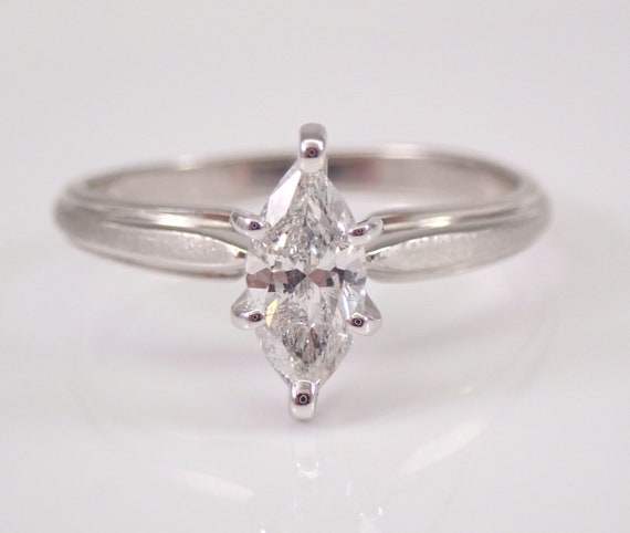 Genuine Marquise Diamond Engagement Ring - 14K White Gold Solitaire Bridal Jewelry