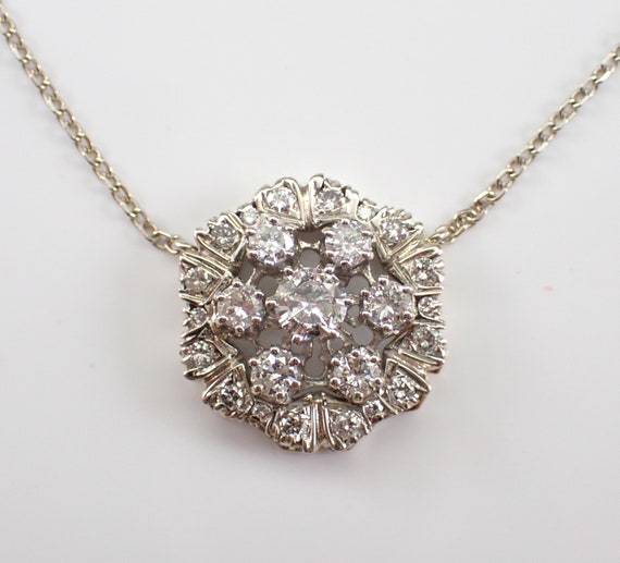 Antique Diamond Station Necklace, Unique Vintage Cluster Pendant and Chain - 14K White Gold Halo Design