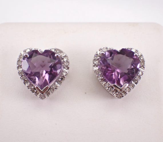 Heart Amethyst Stud Earrings - White Gold Diamond Halo Setting - February Birthstone Jewelry Gift