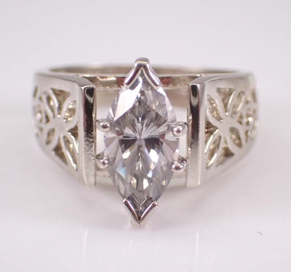 Sterling Silver Cubic Zirconia Engagement Ring, Marquise Solitaire Promise CZ Band - Vintage Estate Bridal Jewelry Gift