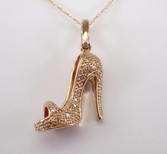 14K Yellow Gold Diamond Shoe Charm Necklace - Red Enamel High Heels Pendant and Chain - Unique Sandals Footwear Jewelry Gift