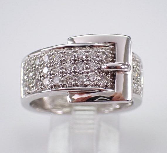 Diamond Belt Buckle Ring - 14K White Gold Pave Set Band - Wedding Anniversary Fine Jewelry Gift