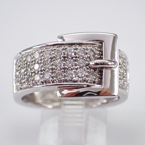 Diamond Belt Buckle Ring - 14K White Gold Pave Set Band - Wedding Anniversary Fine Jewelry Gift