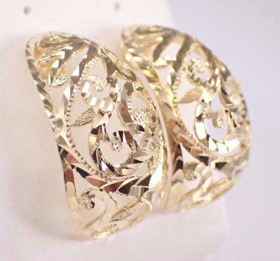 Vintage 14K Yellow Gold Earrings - Unique Wide Half Hoop Stud Drops - Estate Fine Jewelry Gift