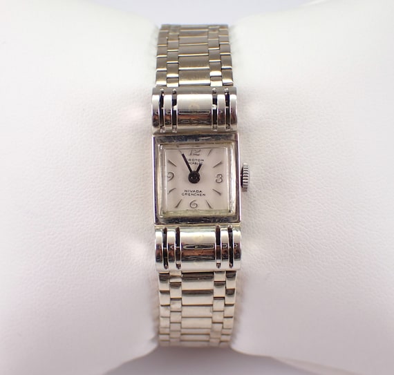 Vintage 14K White Gold CROTON Watch - Rectangular Square Wristwatch Bracelet