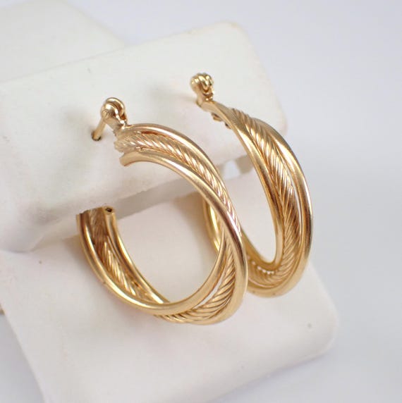 Vintage 14K Yellow Gold Hoop Earrings - Unique Estate Multi Row Twist Huggie Setting