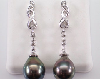 Black Tahitian Pearl Earrings - Diamond Dangle Teardrop Setting - 14K White Gold Fine Jewelry Gift - June Birthstone Gem Stone