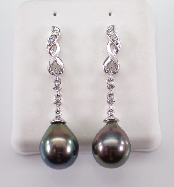 Black Tahitian Pearl Earrings - Diamond Dangle Teardrop Setting - 14K White Gold Fine Jewelry Gift - June Birthstone Gem Stone