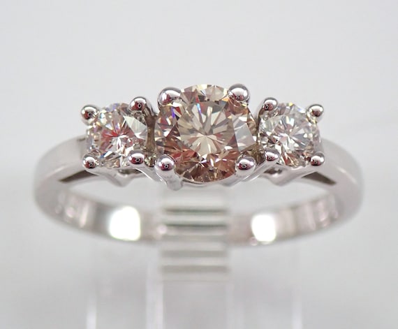 14K White Gold Diamond Engagement Ring - Bridal Three Stone Setting - Fancy Colored Brown Diamond Jewelry Gift