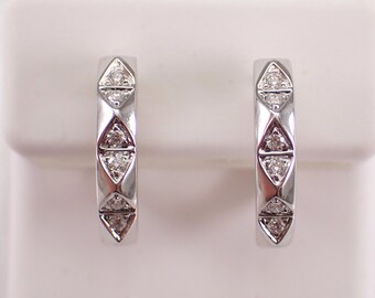 14K White Gold Small Diamond Huggies - Medium Diamond Hoop Earrings - Genuine Diamond Fine Jewelry Gift