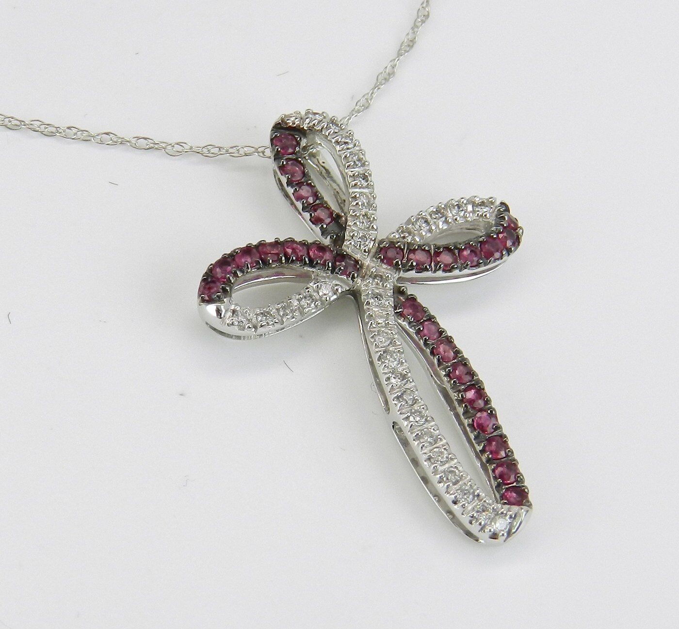Ruby and Diamond CROSS Pendant Necklace White Gold 18 Chain Religious Charm