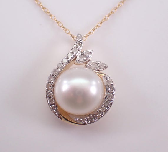 14K Yellow Gold Pearl and Diamond Necklace: Teardrop Charm Pendant and Chain