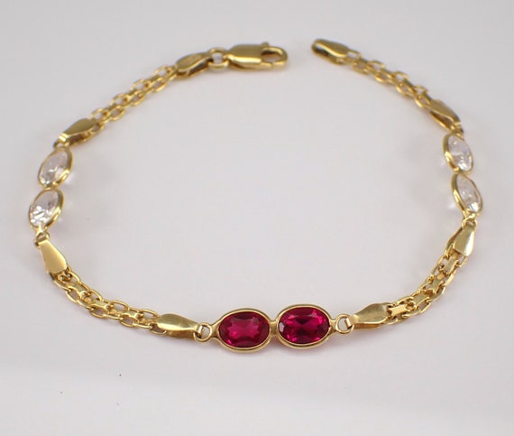 Vintage Gemstone Station Bracelet - 14K Yellow Gold Oval Bezel Set Links - Lab Ruby and Cubic Zirconia Jewelry Gift