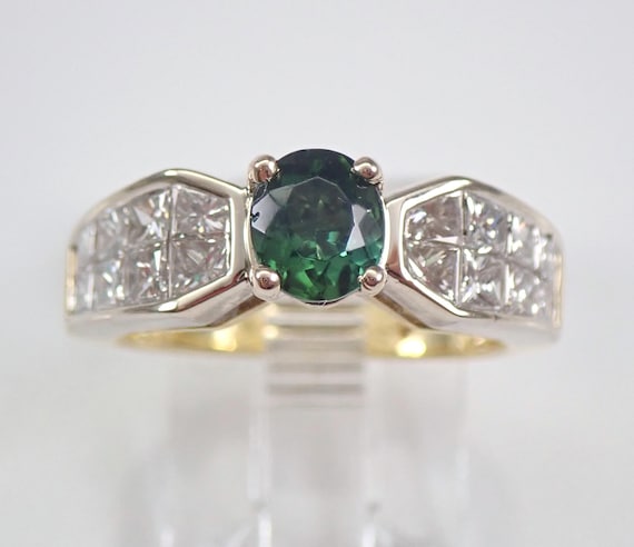 Vintage Green Tourmaline and Diamond Ring - 18K Yellow Gold Chunky Setting - Unique Bridal Engagement Jewelry Gift