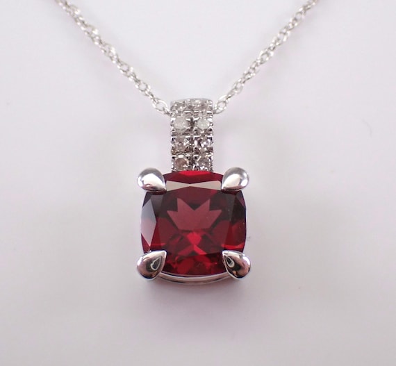 White Gold Garnet Pendant and Chain - Diamond and Gemstone Choker Necklace - January Birthstone Fine Jewelry Gift
