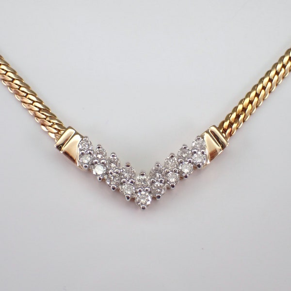 14K Yellow Gold Diamond V Necklace - Herringbone Curb Chain Station Pendant - GalaxyGems Fine Jewelry Choker Gift