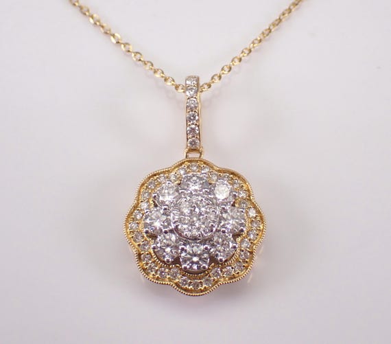 18K Yellow Gold Diamond Cluster Necklace - Unique Halo Charm Pendant and Chain - Bridal Fine Jewelry Gift