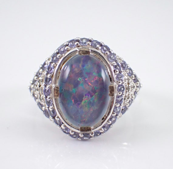 Sterling Silver Opal and Tanzanite Ring - Vintage Estate Gemstone Cluster Jewelry Gift