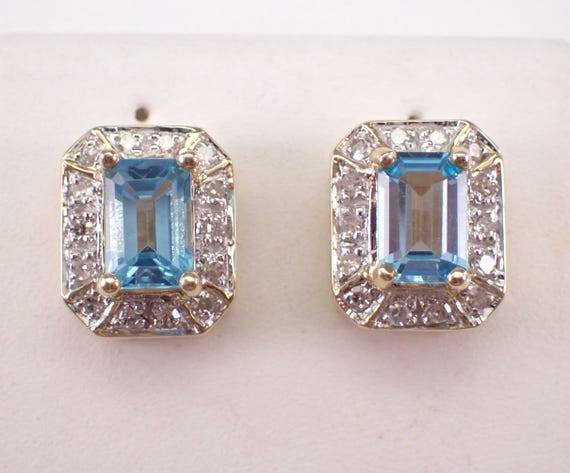 Yellow Gold Vintage Blue Topaz Earrings - Rectangular Diamond Halo Studs - December Gemstone Birthday Gift