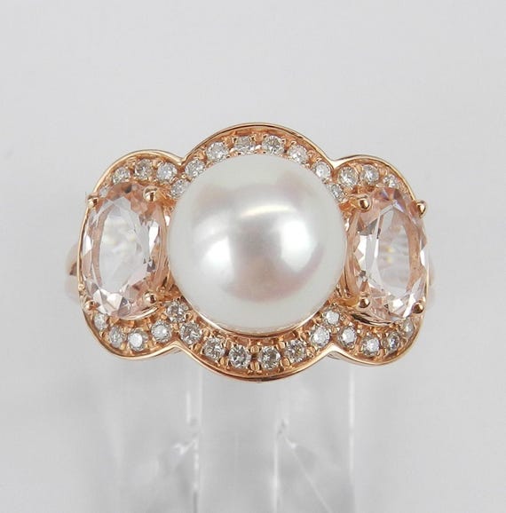 14K Rose Gold Pearl and Morganite Ring - Three Stone Diamond Setting - Pink Gemstone Fine Jewelry Gift