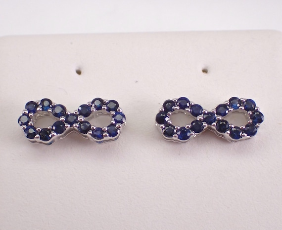 White Gold Sapphire Infinity Sign Earrings - Dainty Gemstone Screwback Studs - September Birthstone Jewelry Gift