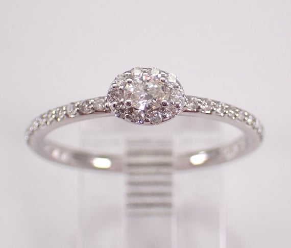 14K White Gold Diamond Engagement Ring - Dainty Halo Promise Stackable Band - GalaxyGems Bridal Fine Jewelry Gift