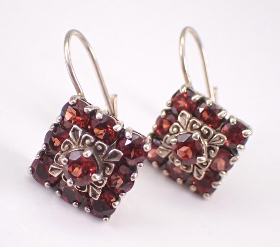 Vintage Sterling Silver Garnet Earrings: Dainty Estate Dangle Cluster Drops Jewelry Gift