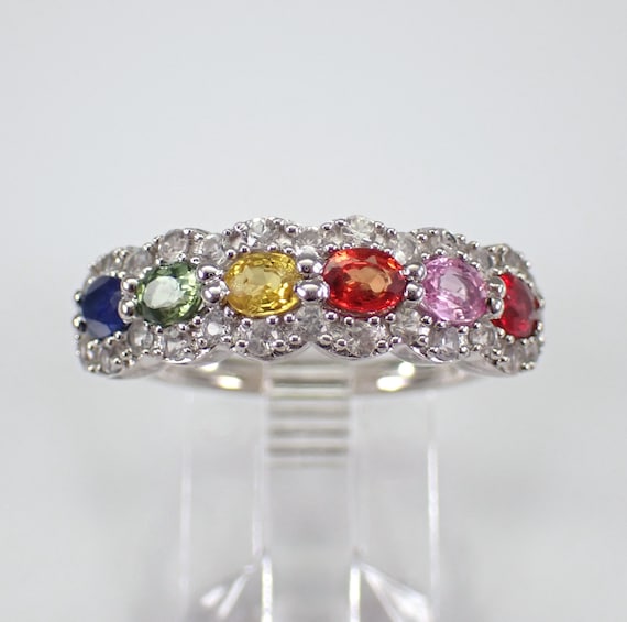 Multi Color Sapphire Wedding Ring - Sterling Silver Stacking Anniversary Band - Unique Gemstone Jewelry Gift