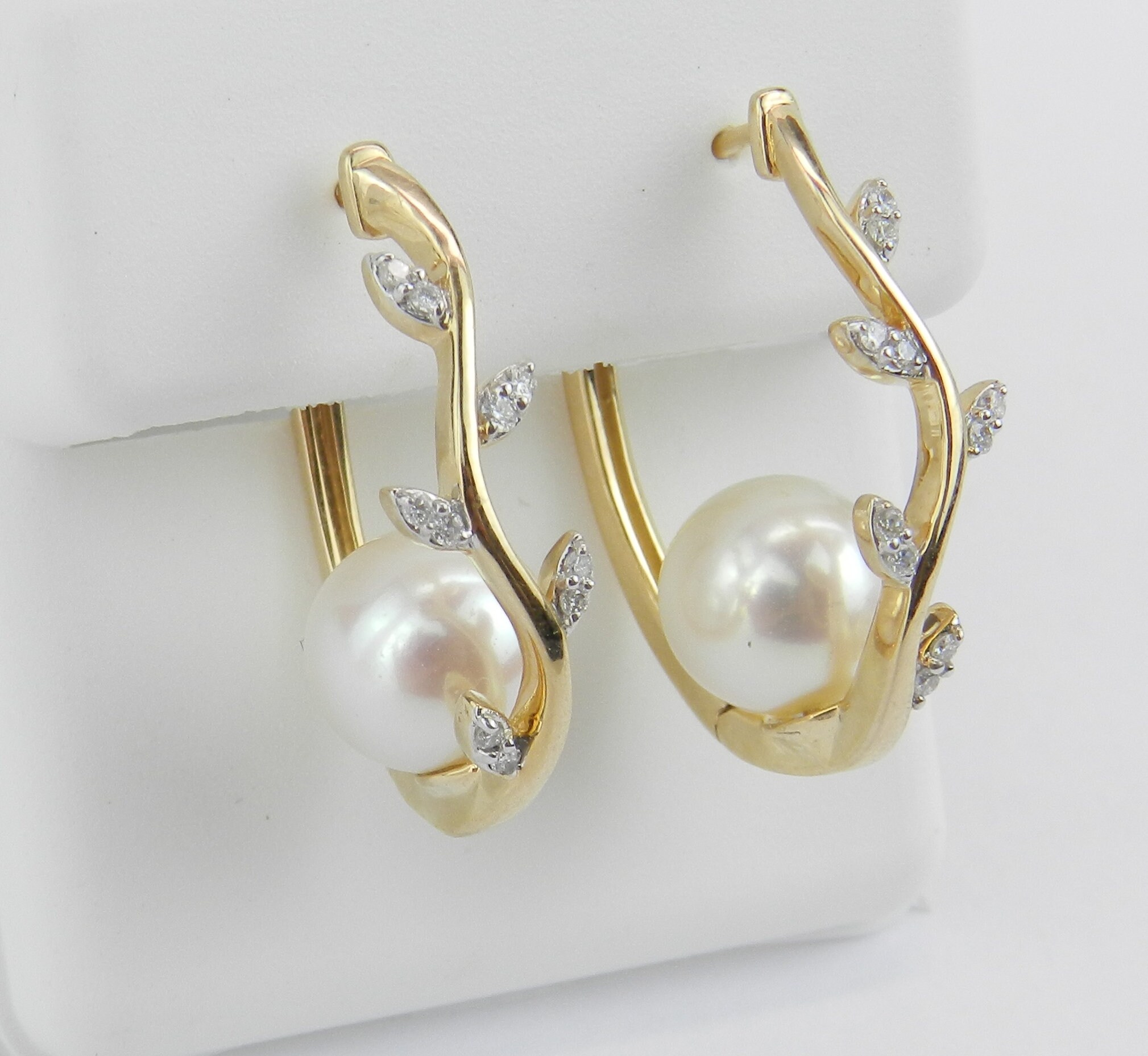 Pearl and Diamond Earrings, Unique Hoop Earrings, 14K Yellow Gold Hoop Earrings, June Birthstone