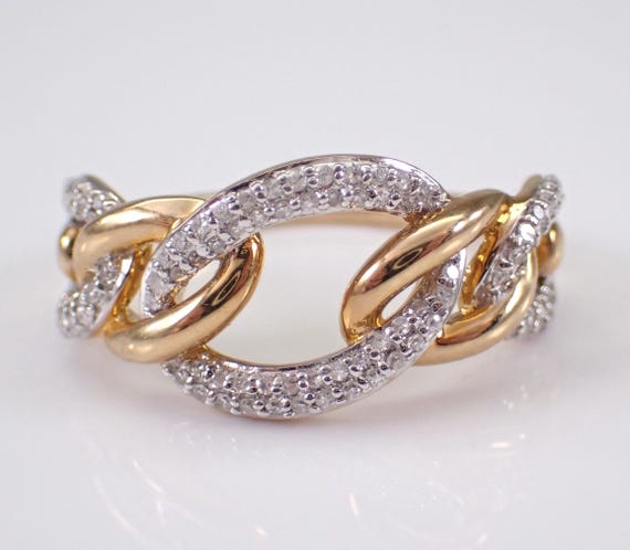 Yellow Gold Chain Link Diamond Ring - Unique Chainlink Anniversary Band - Stackable Bridal Jewelry Wedding Gift