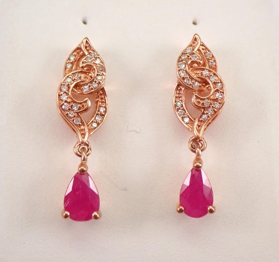Rose Gold Ruby and Diamond Earrings - Dainty Dangle Drop Earrings - July Birthstone Fine Jewelry Gift