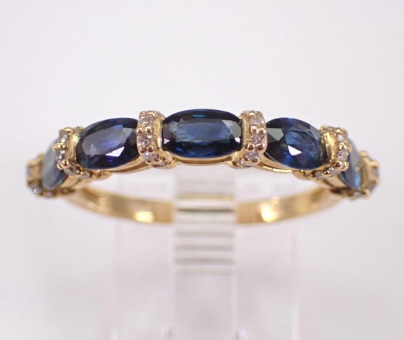 Sapphire and Diamond Wedding Ring - Yellow Gold Gemstone Anniversary Band - Stackable Birthstone Jewelry Gift