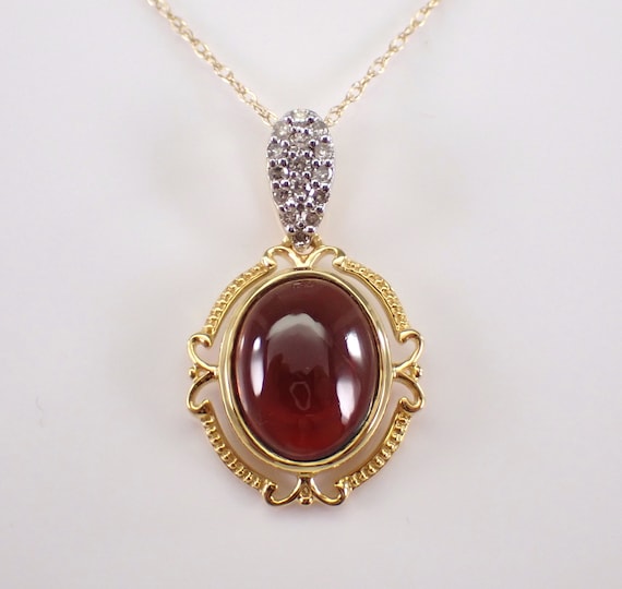 Garnet and Diamond Charm Necklace - Yellow Gold Dainty Pendant and Chain - January Birthstone Fine Jewelry Gift
